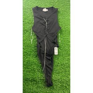 A3 Design Ribbed Cutout Rhinestone Lace-Up Bodysuit Sz M Black Asym One Piece US